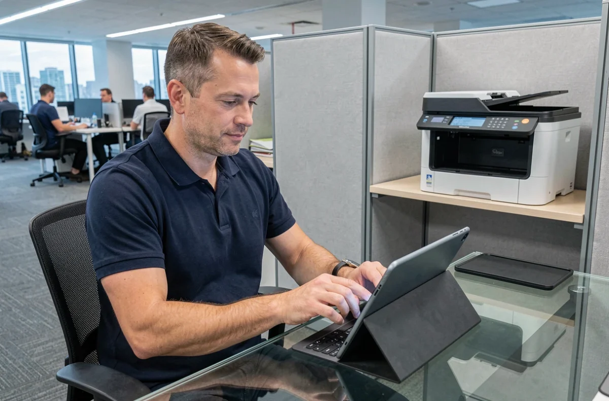Homme configurant une tablette Android en wifi avec une imprimante dans un bureau professionnel