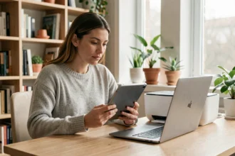 Femme connectant une tablette iPad à une imprimante sans fil en wifi dans un bureau à domicile