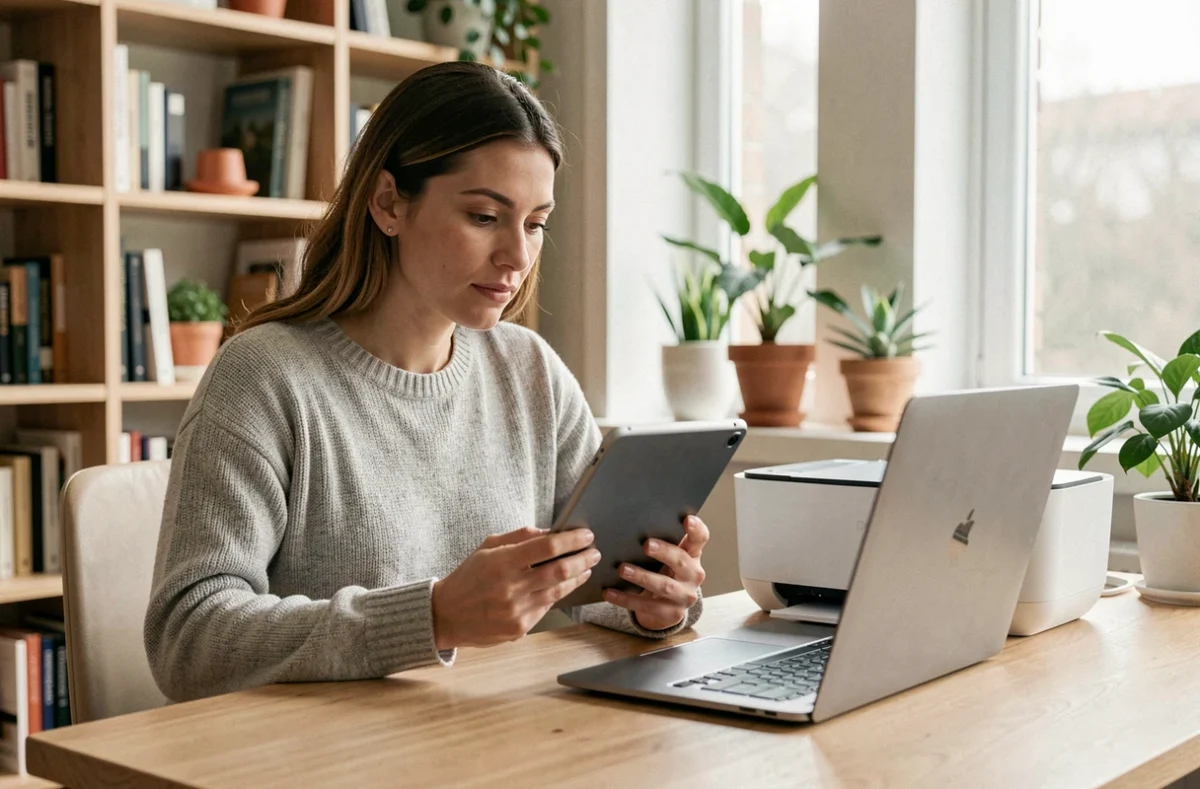 Femme connectant une tablette iPad à une imprimante sans fil en wifi dans un bureau à domicile