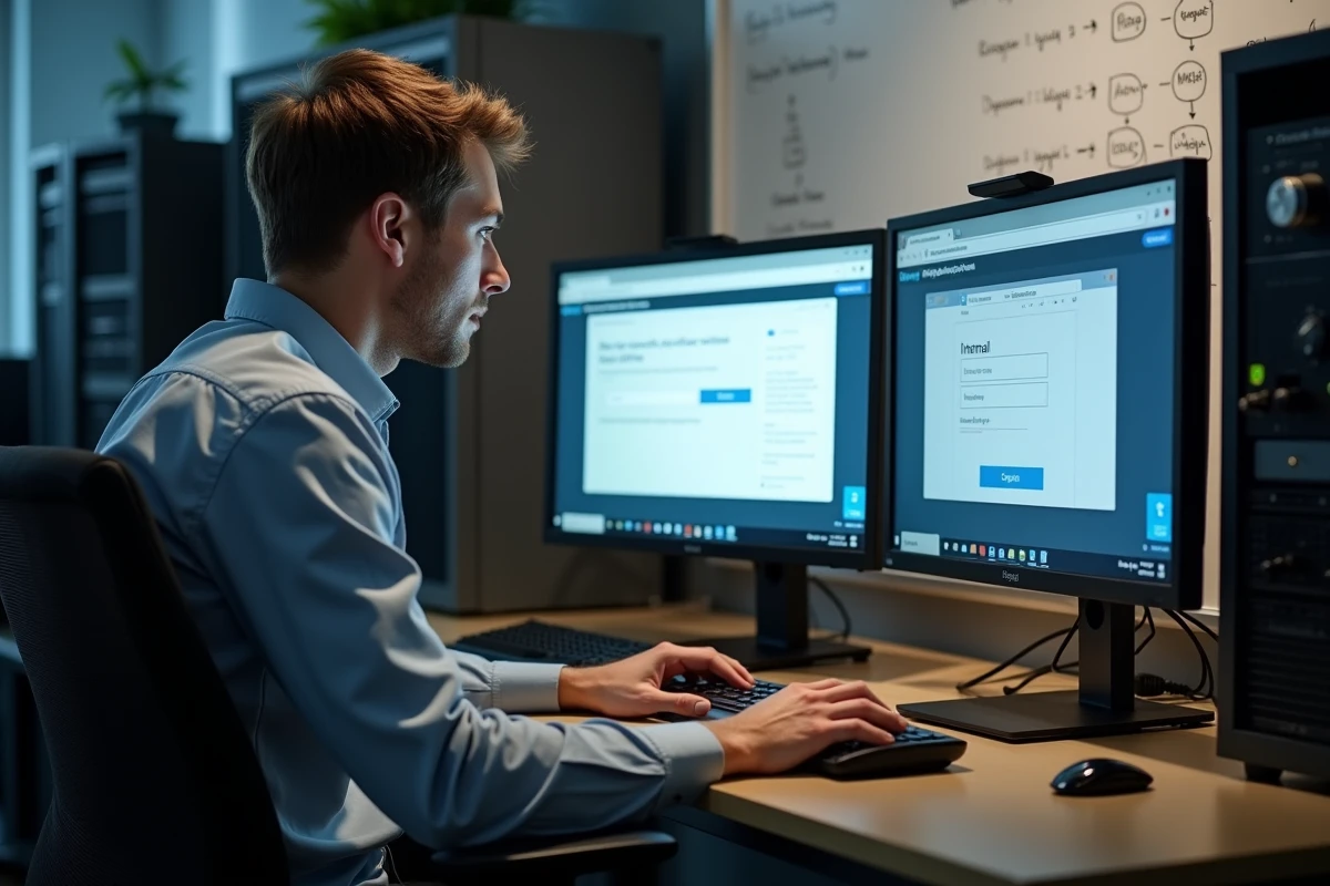 Technicien informatique comparant l'interface webmail et l'intranet EDF sur deux écrans d'ordinateur