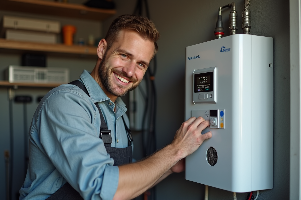 Jeune technicien installant un compteur intelligent dans un garage