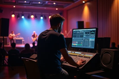 Ingénieur du son homme ajustant logiciel de mixage en concert