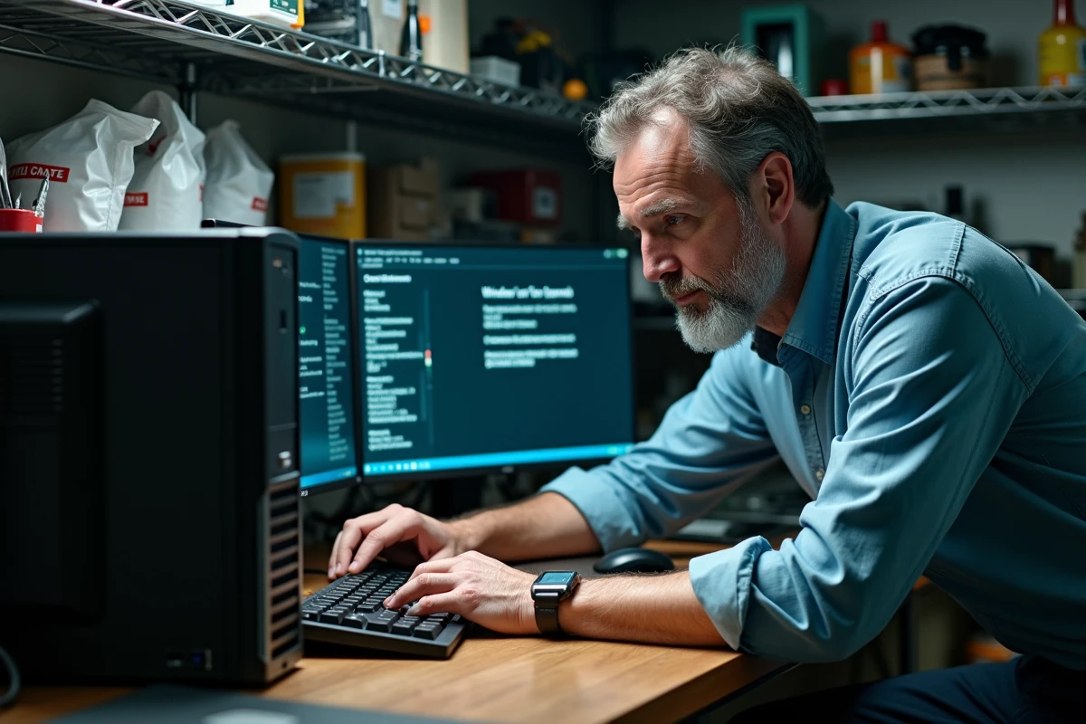 Technicien informatique vérifiant l'intégrité d'une image ISO Windows 7 avant installation sur un PC de bureau