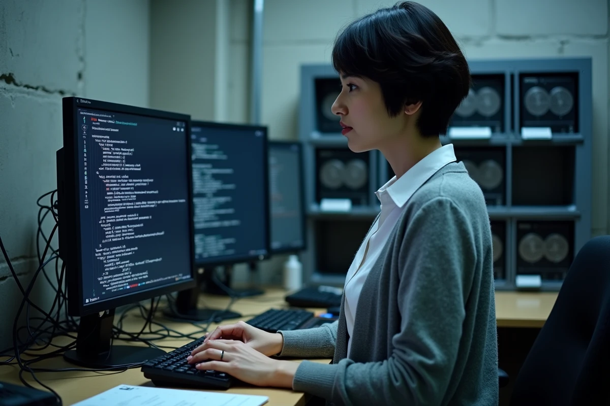 Technicienne configurant un système OS sur ordinateur de bureau dans un espace informatique professionnel