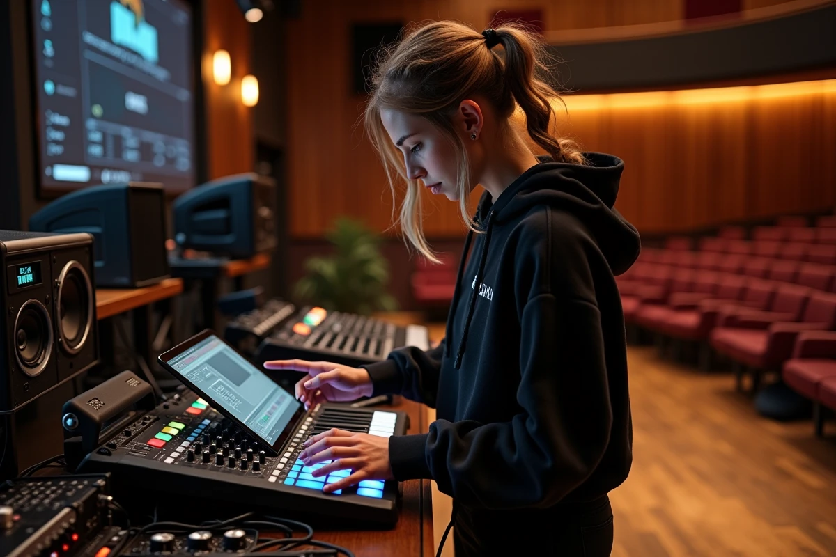 Jeune technicienne du son utilisant un mixeur audio en spectacle