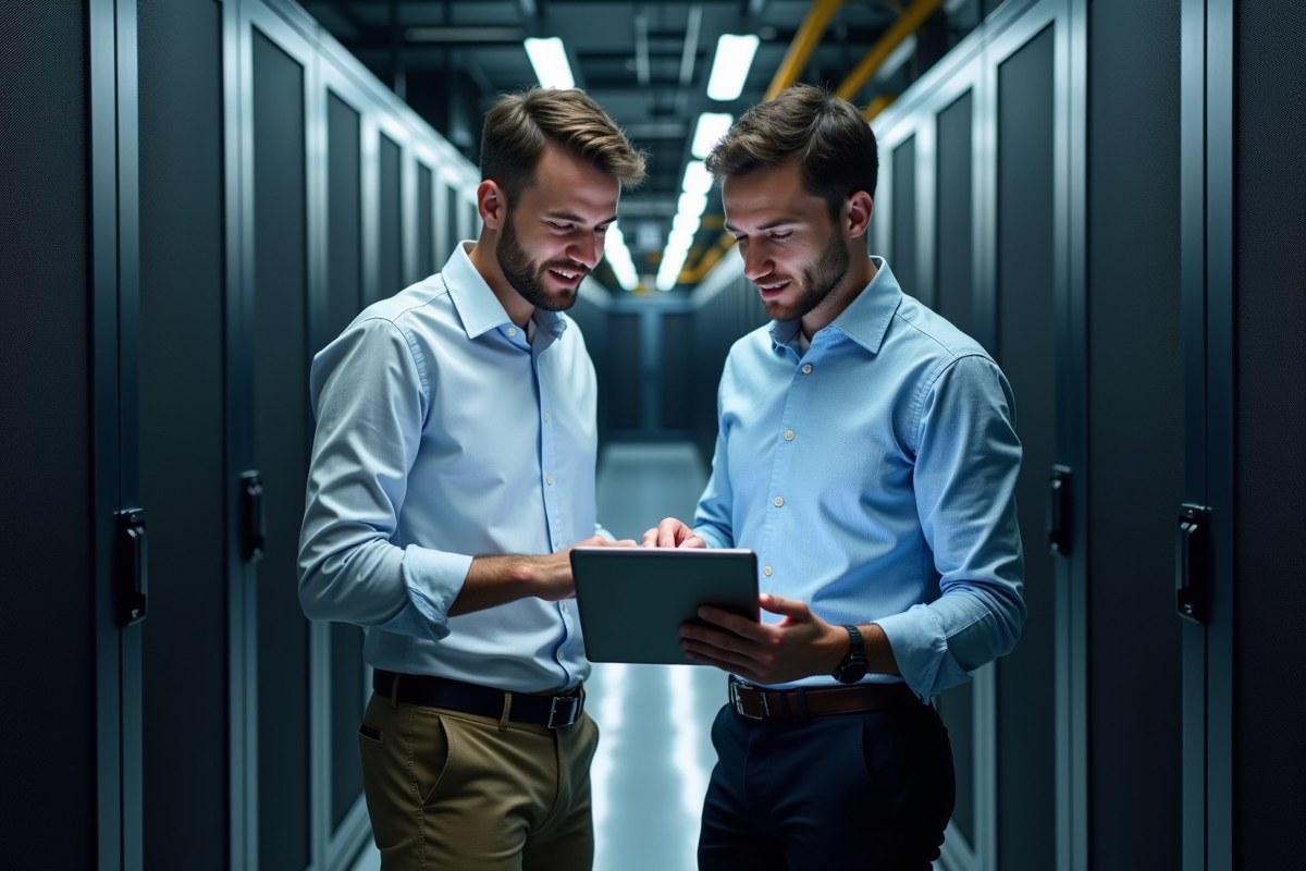 Deux hommes professionnels discutant dans un centre de données