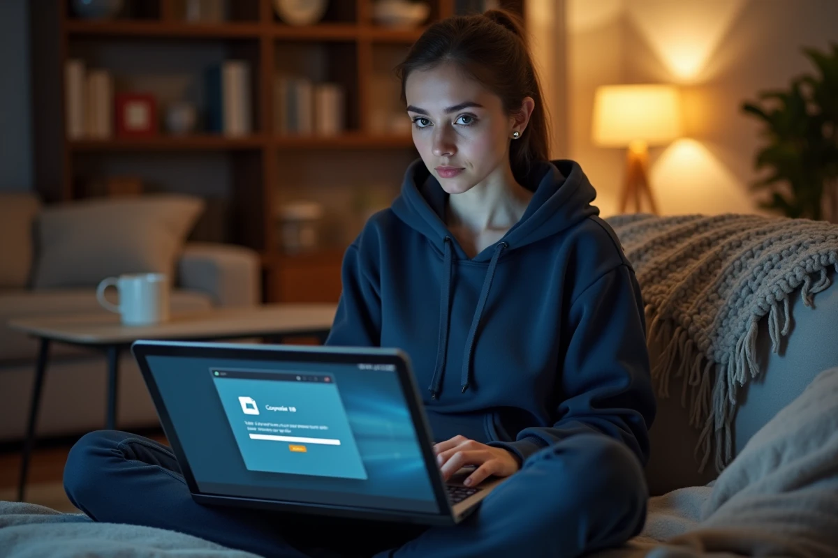 Femme téléchargeant un fichier ISO Windows 7 sur son ordinateur portable avec un message d'erreur de corruption