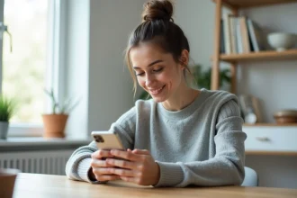 Jeune femme téléchargeant des stories Instagram en HD sur smartphone depuis un bureau minimaliste