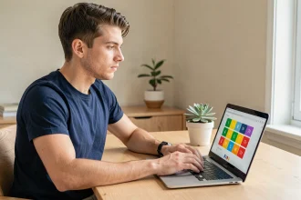 Jeune homme testant sa souris d'ordinateur en ligne sur un bureau en bois dans un home office moderne