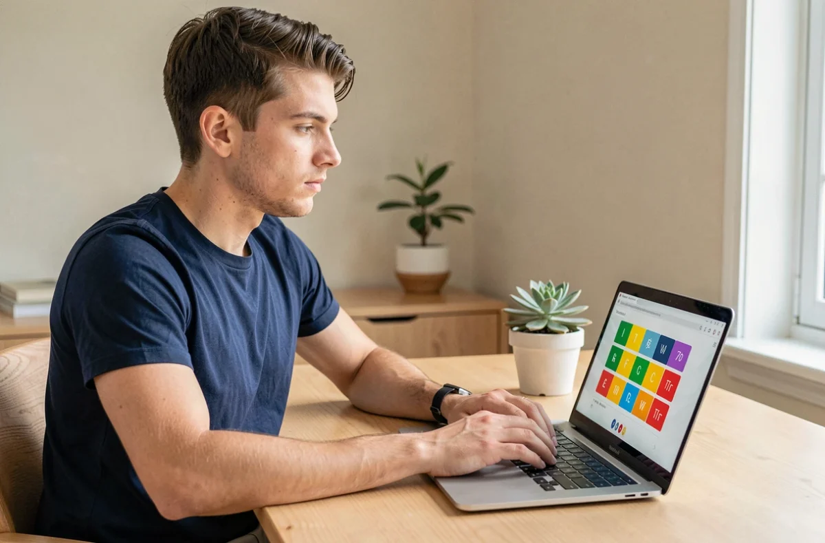 Jeune homme testant sa souris d'ordinateur en ligne sur un bureau en bois dans un home office moderne