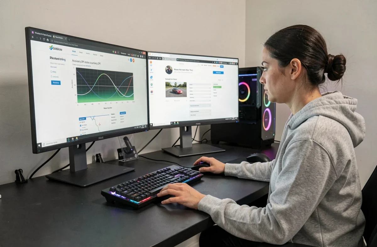 Femme utilisant une souris gaming pour effectuer un test de précision et de DPI sur un PC de bureau