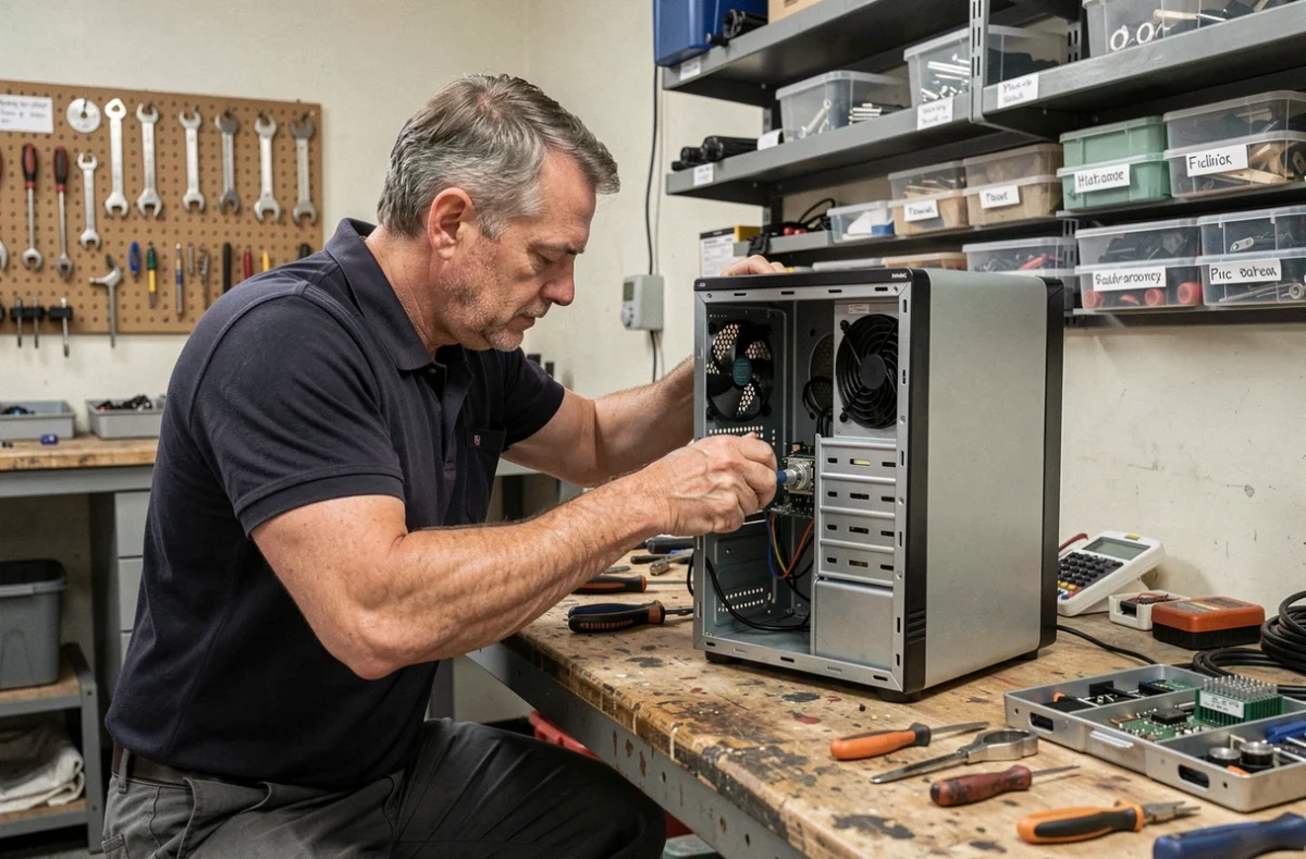 Technicien TMP Informatique remplaçant un composant dans un ordinateur de bureau sur un établi professionnel