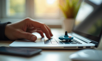 Main faisant tourner un tourneur plastique coloré sur un clavier d'ordinateur