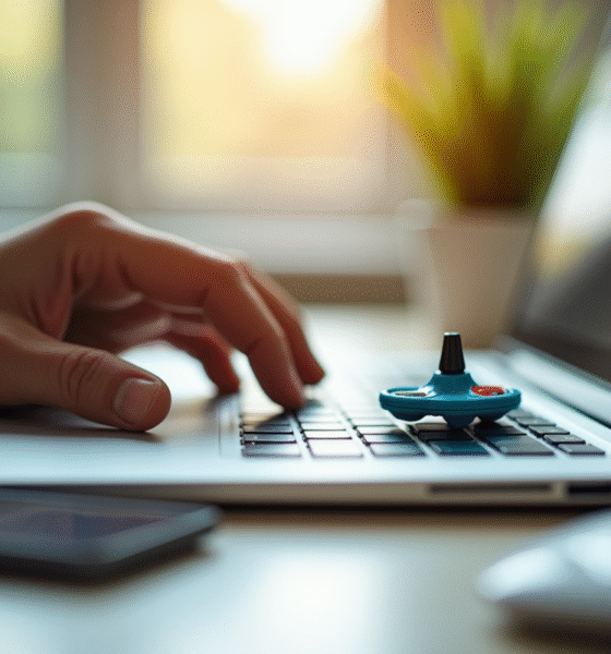 Main faisant tourner un tourneur plastique coloré sur un clavier d'ordinateur