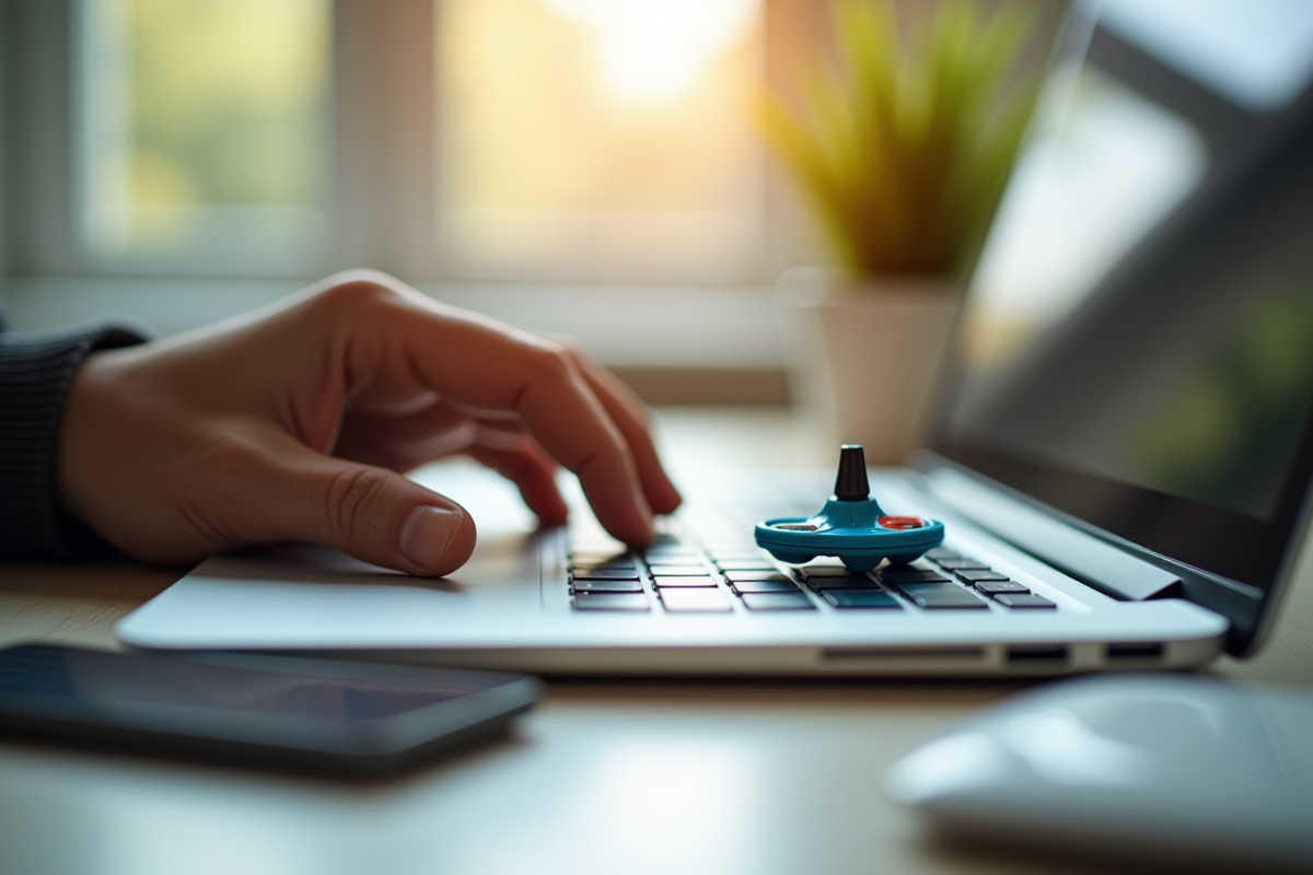 Main faisant tourner un tourneur plastique coloré sur un clavier d'ordinateur