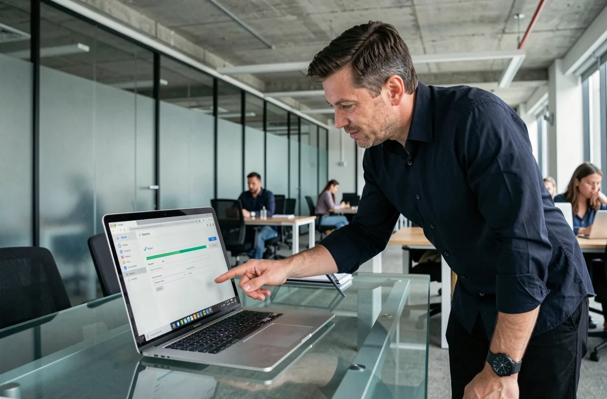 Homme en entreprise supervisant le transfert d'anciens emails vers un service webmail IONOS