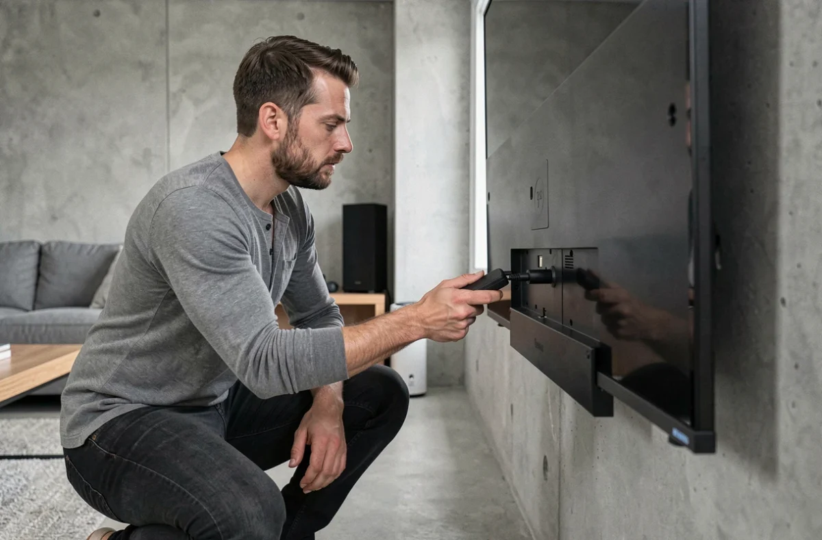 Homme connectant un transmetteur HDMI sans fil 4K à un téléviseur OLED dans un salon moderne minimaliste