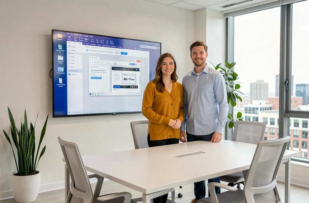 Deux professionnels validant un PDF partagé avec photos insérées sur un écran mural en salle de réunion