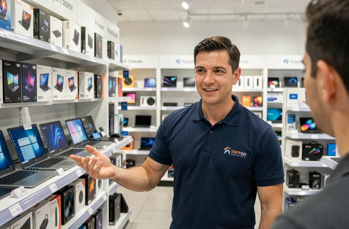 Vendeur en magasin d'informatique dans le Nord présentant des ordinateurs portables sur un rayon