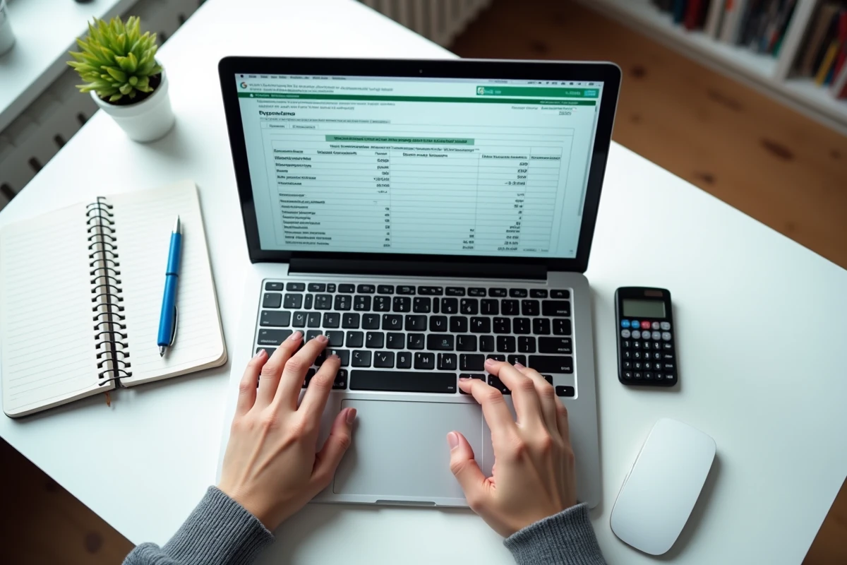 Vue de dessus d'un ordinateur portable affichant un fichier Excel de comptabilité partagé en ligne pour une association