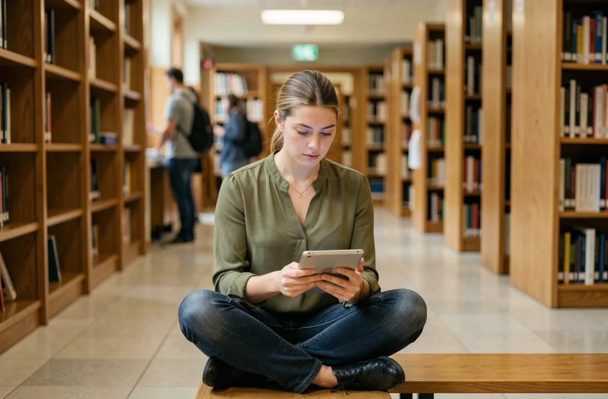 Étudiante accédant au webmail académique d'Orléans sur une tablette dans le couloir d'une bibliothèque universitaire