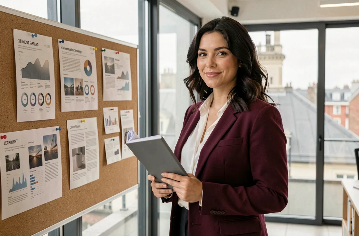 Directrice de communication de Youlead, agence de communication digitale à Clermont-Ferrand, présentant une stratégie digitale dans un bureau moderne